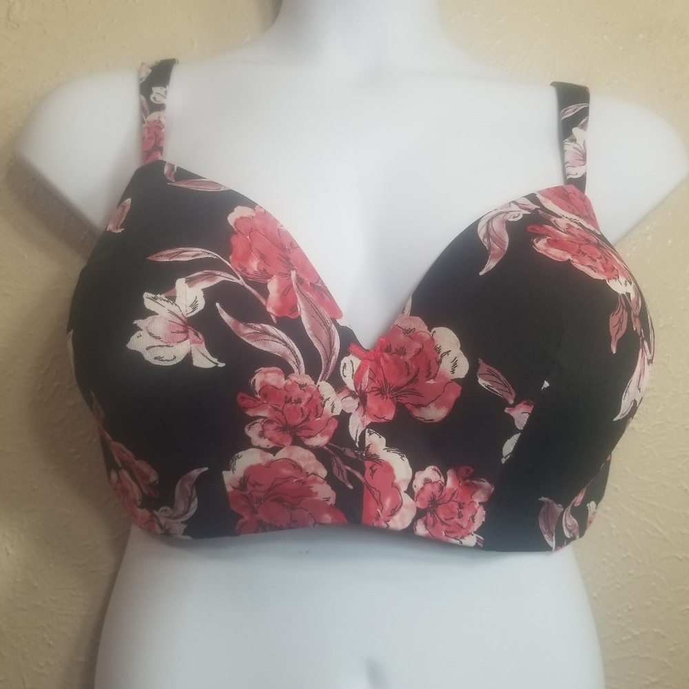 Cacique Floral Lightly Lined T-Shirt Bra Black Red Pinks Size 44DD EUC